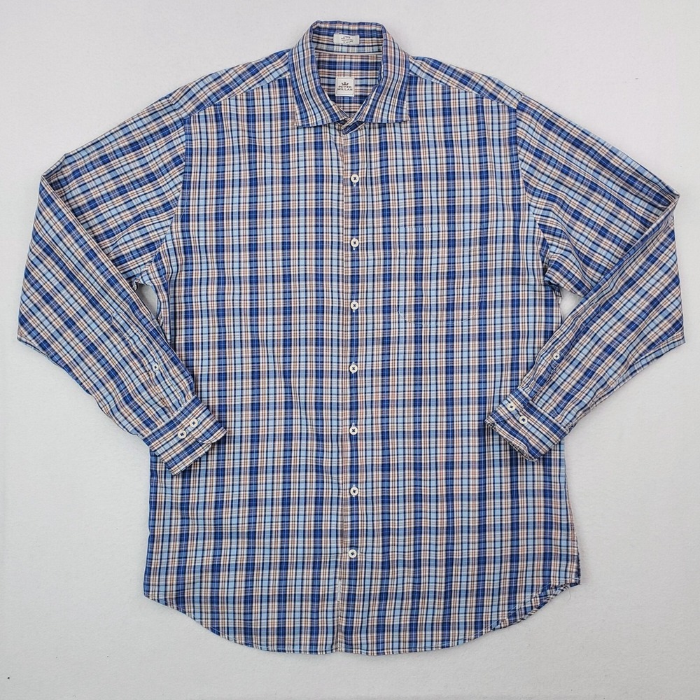 Peter Millar Shirt Mens Large Blue‎ Brown Plaid Button Front Long Sleeve Preppy